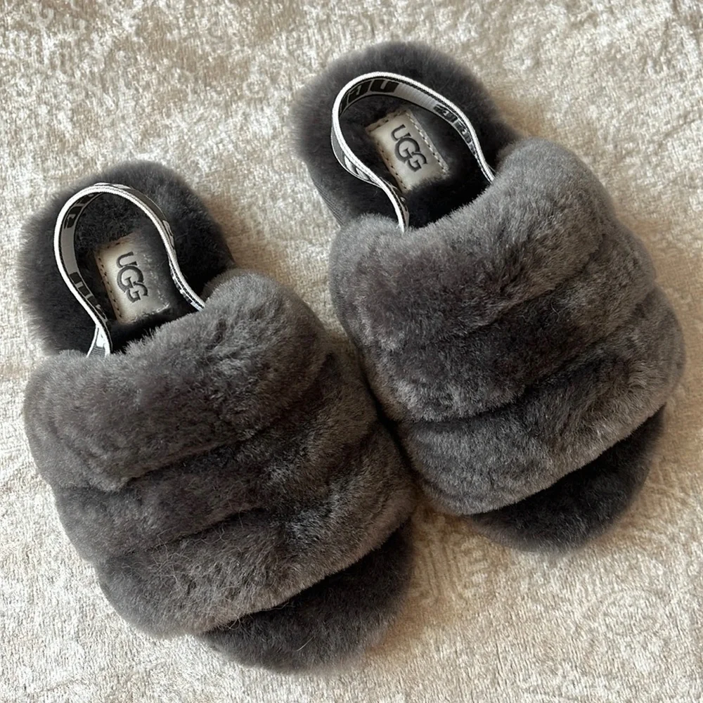 Brand New UGG Fluff Yeah Slides Baby & Toddler Gray Genuine Sheepskin Slipper